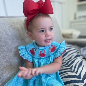 EUC Hand Smocked Crab Blue Polka Dot Ric Rac Flutter Sleeve Dress